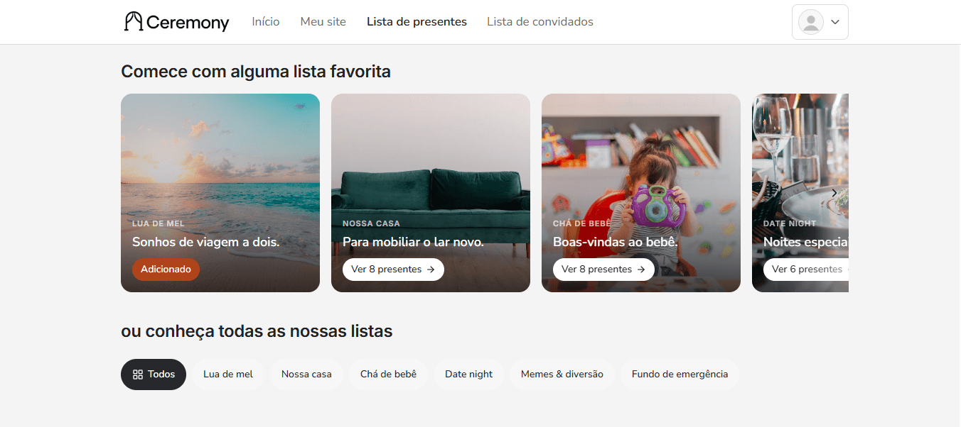 Lista de presentes do Ceremony, com as listas curadas por categoria