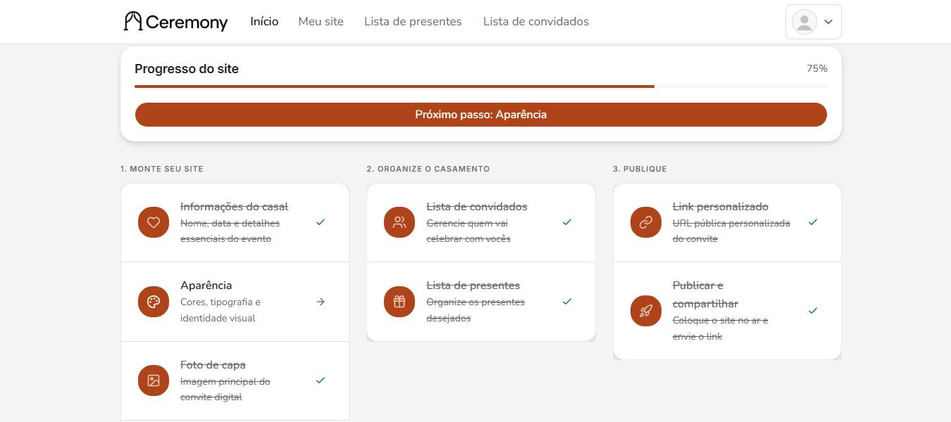 Painel do casal no Ceremony, com o progresso de montagem do site